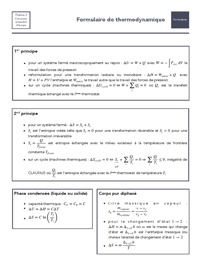 Formulaire de thermodynamique essentiel | PDF | Entropie | Enthalpie de ...