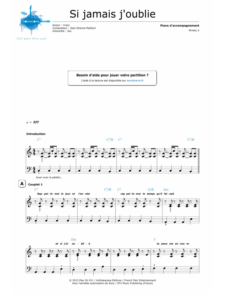Si Jamais J'oublie Piano Facile PDF