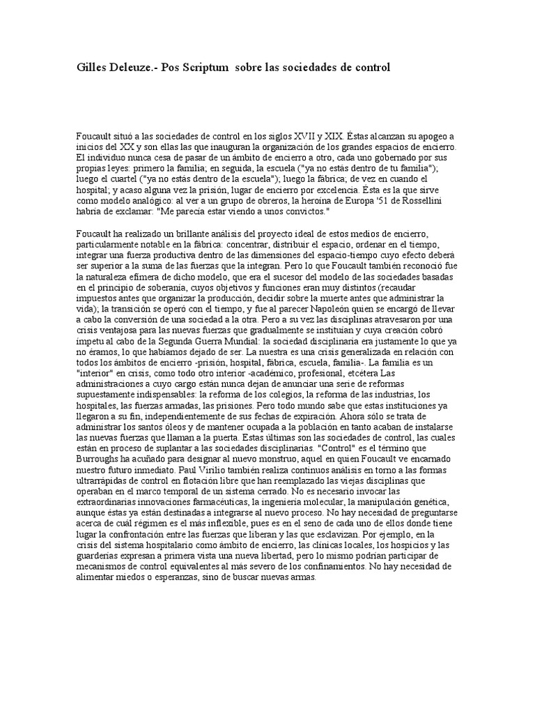 Deleuze PostScriptum PDF Capitalismo Sociedad