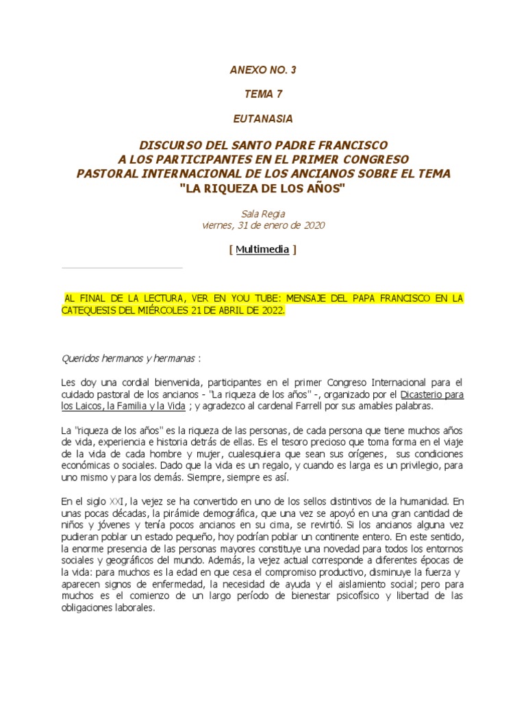 2022 Anexo 3 Discurso Del Santo Padre Francisco 2 Pdf Vejez Papa