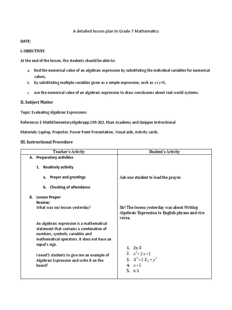Grade 7 Algebraic Expressions Lesson Plan | PDF | Teaching Methods ...