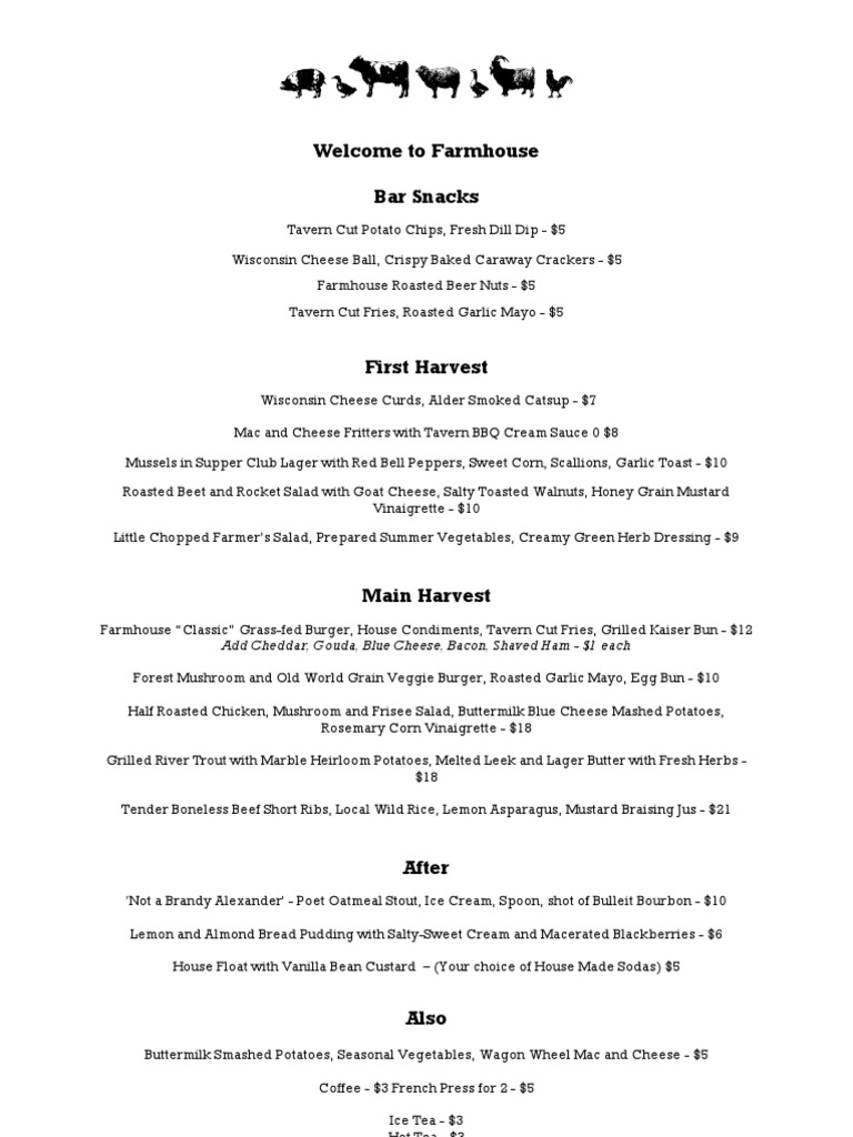 Farmhouse Menu: Bar Snacks & Dishes | PDF | Wellness