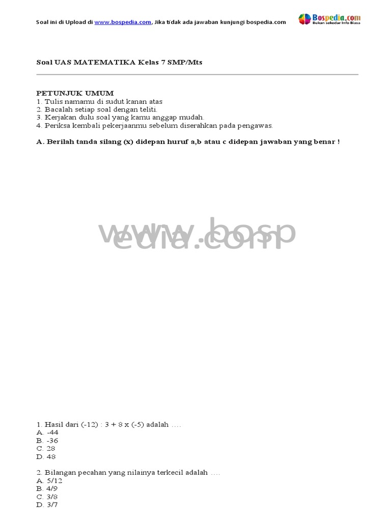 contoh soal uts matematika smp kelas 7 semester 1