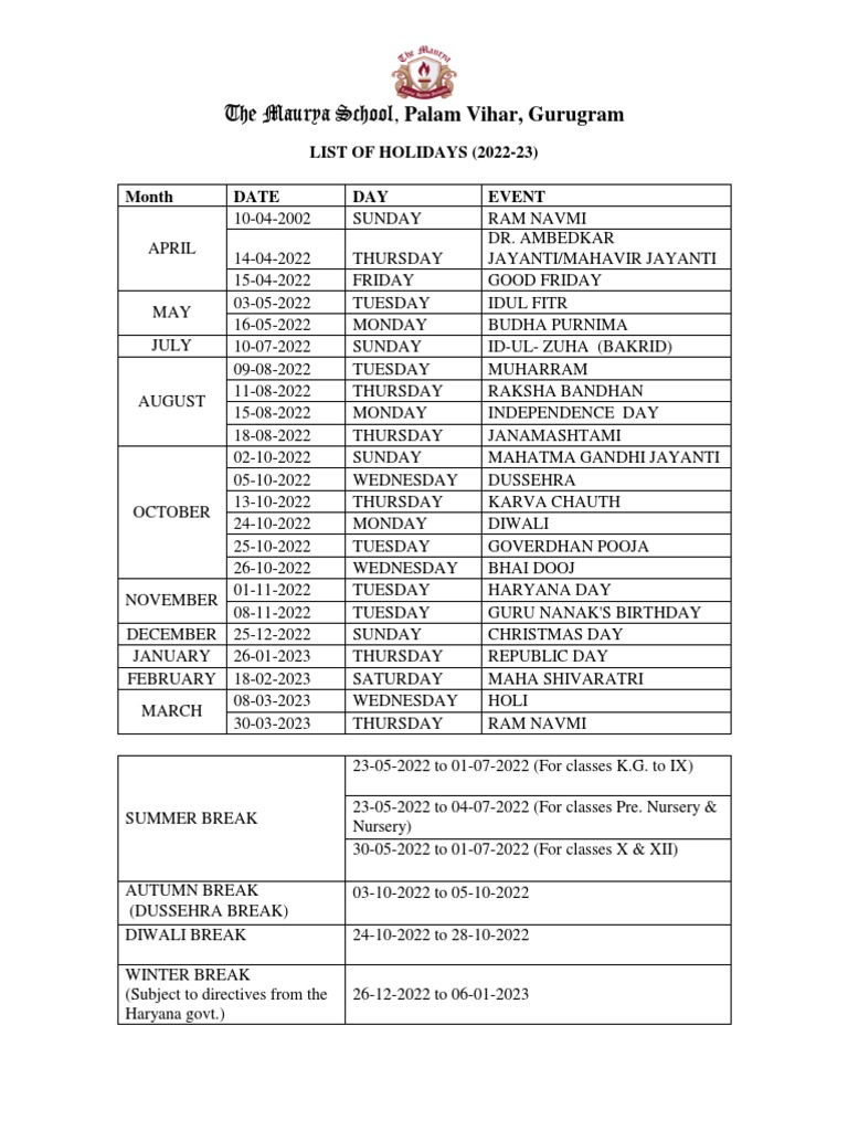 List of Holidays 202223 PDF