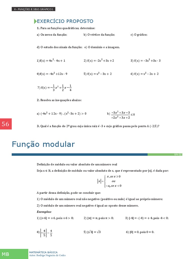 Funções Quadráticas e Módulo: Exercícios e Gráficos | PDF | Função ...