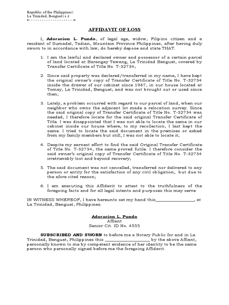 Affidavit of Loss-TCT(Pundo) | PDF | Affidavit | Public Law