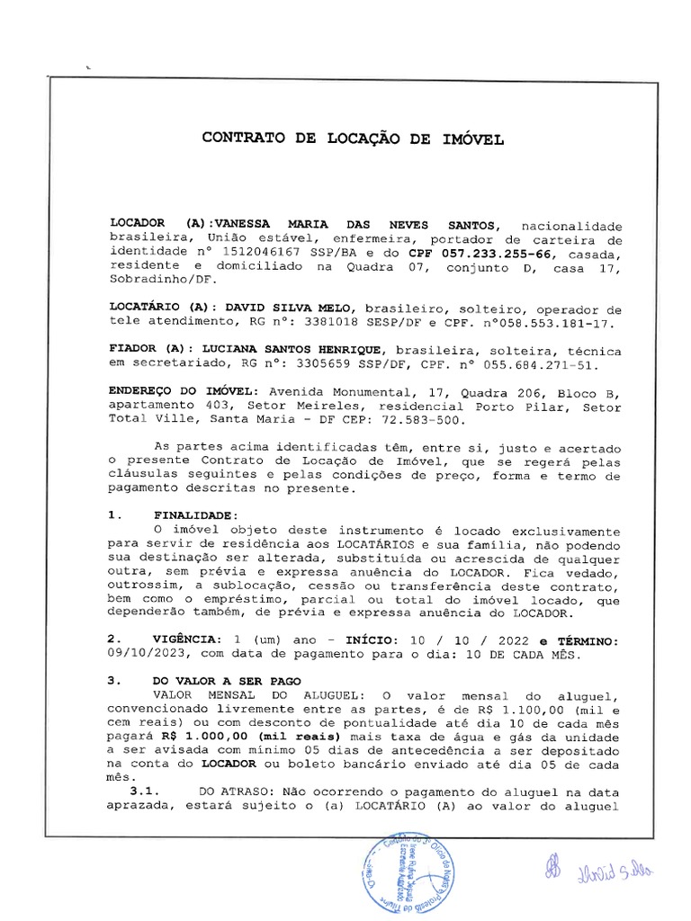 Contrato de Aluguel em Cartório - Eu e David | PDF | Aluguel | Condomínio