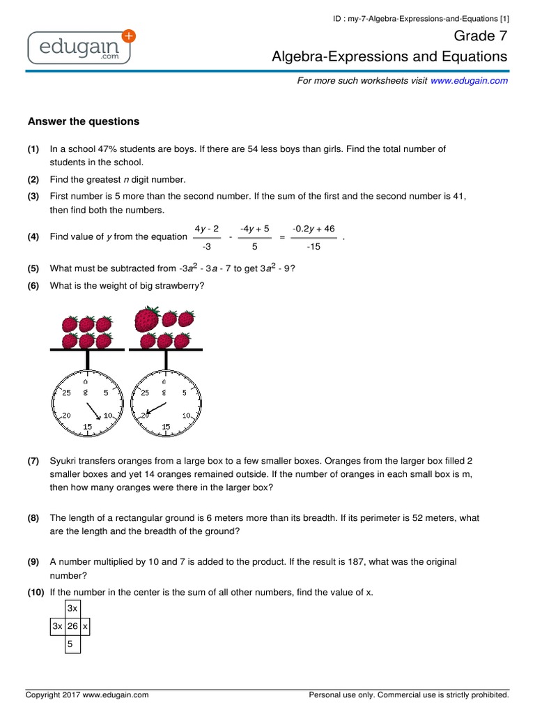 Grade 7 Algebra Expressions and Equations My | Download Free PDF ...