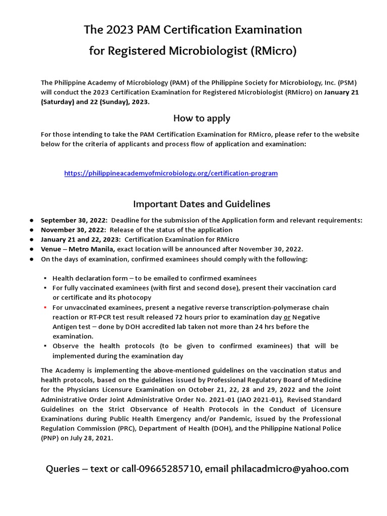The 2023 PAM Certification Examination Advisory | PDF