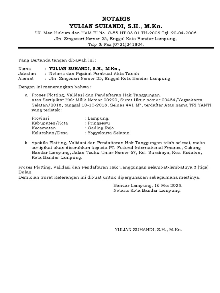 Contoh Cover Note Notaris untuk Bank | PDF