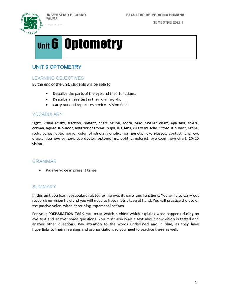 UNIT 6 Student Handout2023-I | PDF | Eye | Visual Acuity