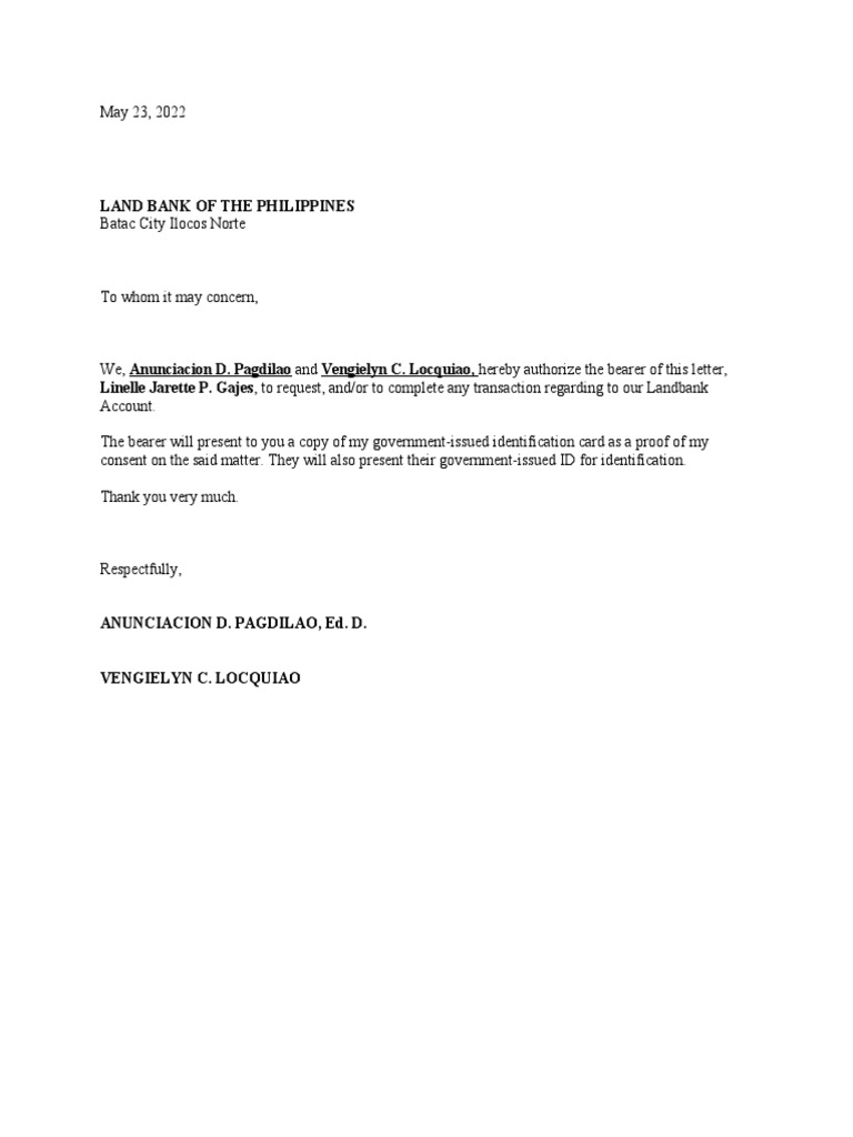 Authorization Letter for Landbank Transactions | PDF