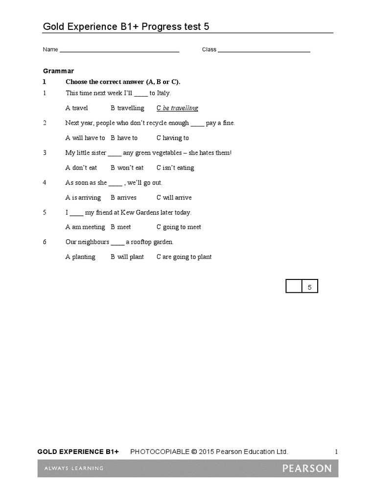 Gold Experience B1+ Progress Test 5 | PDF | Bottled Water | Water
