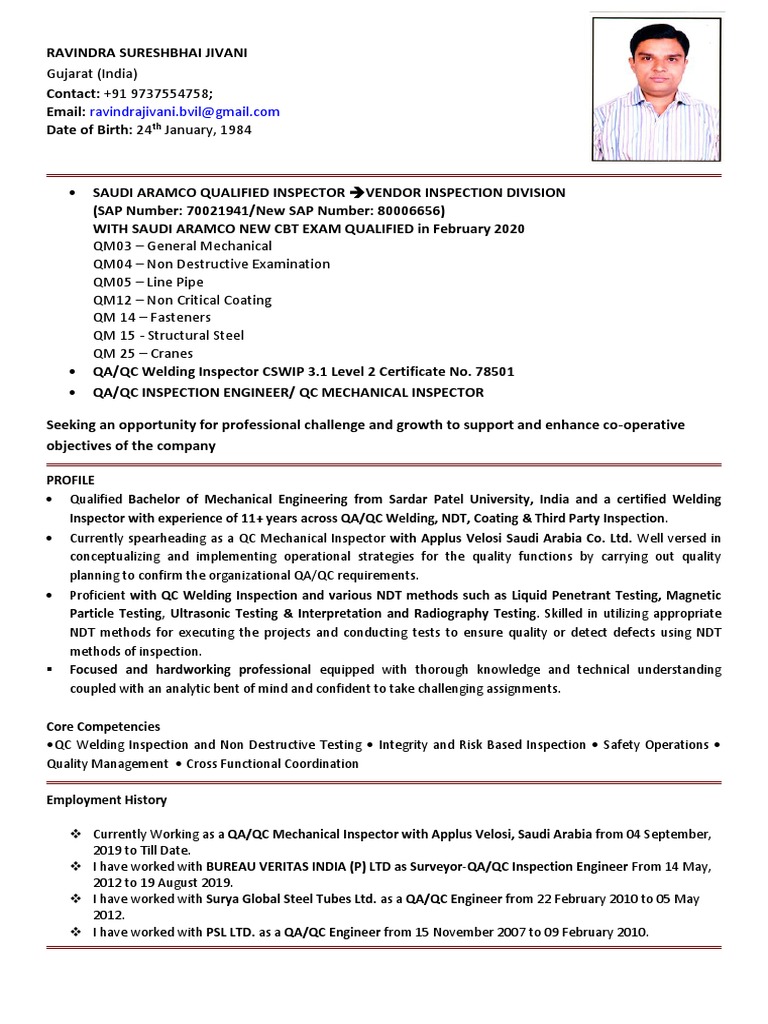 Saudi Aramco Qualified Inspector CV | PDF | Technology & Engineering