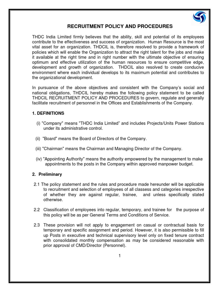 THDCIL Recruitment Policy Overview | PDF | Recruitment | Employment