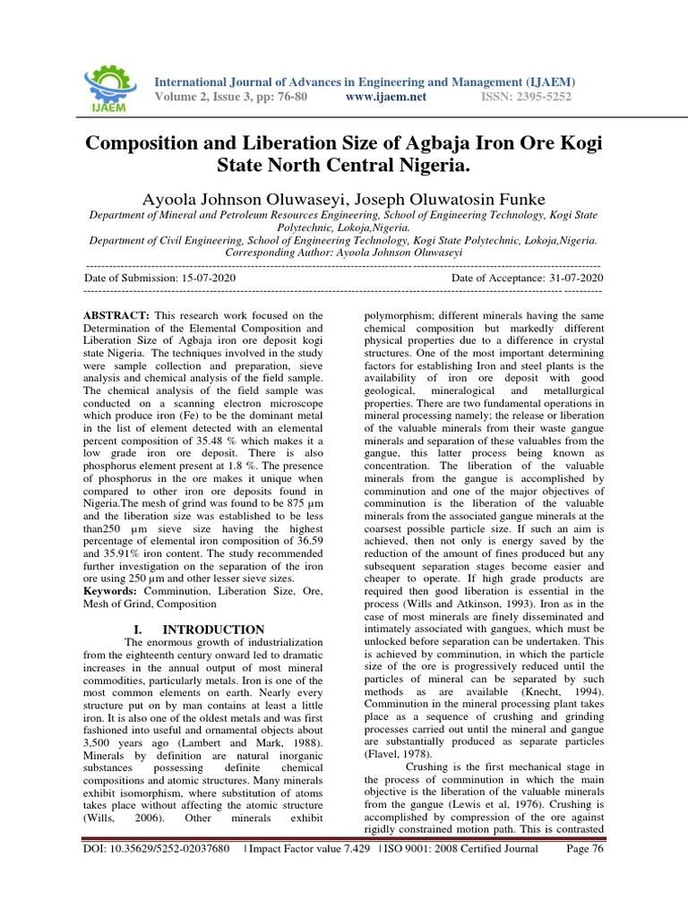 Composition and Liberation Size of Agbaja Iron Ore Kogi State North