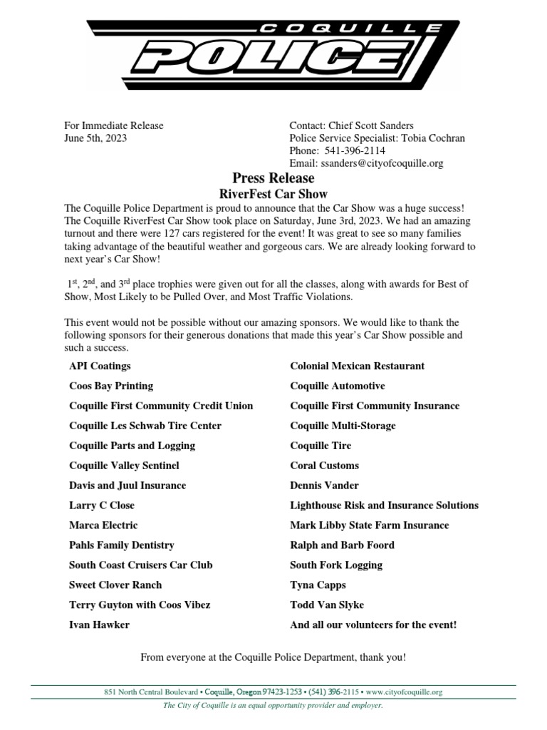 Coquille RiverFest Car Show Press Release and Sponsors PDF
