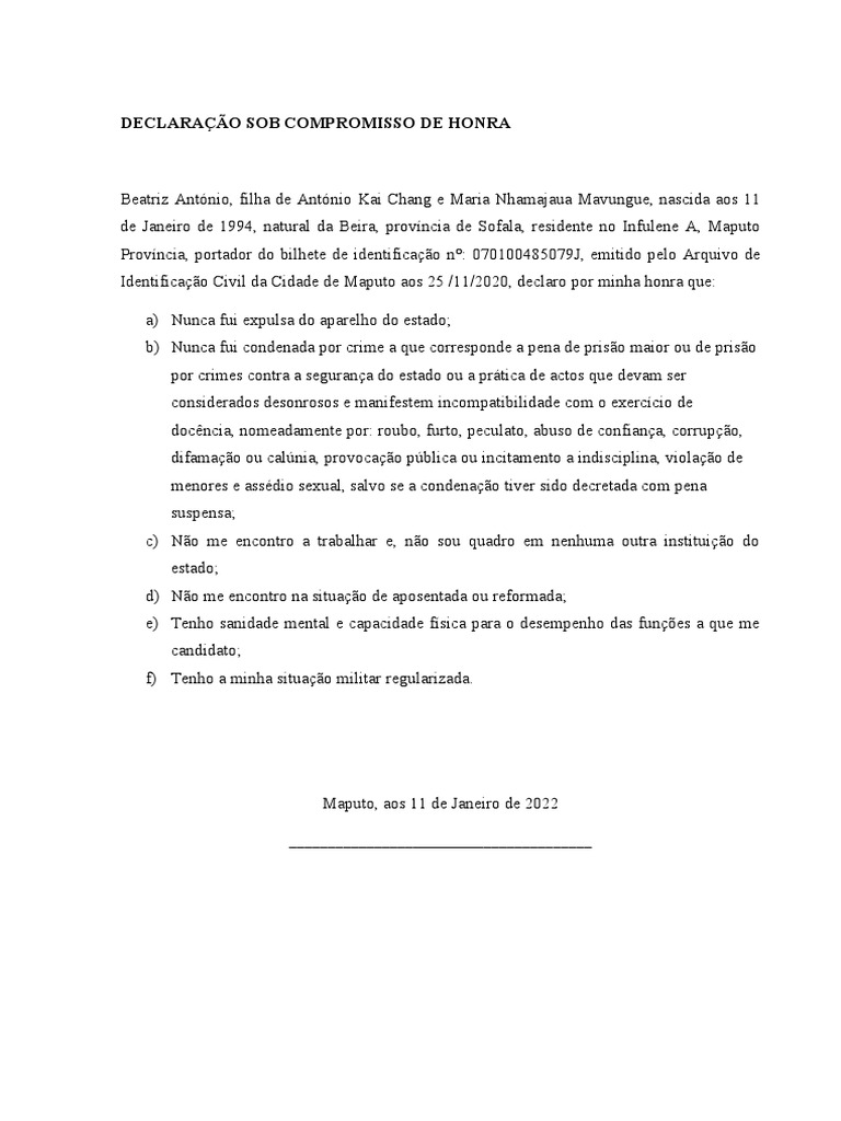 Declaracao Sob Comprimisso de Honra Edifar | PDF