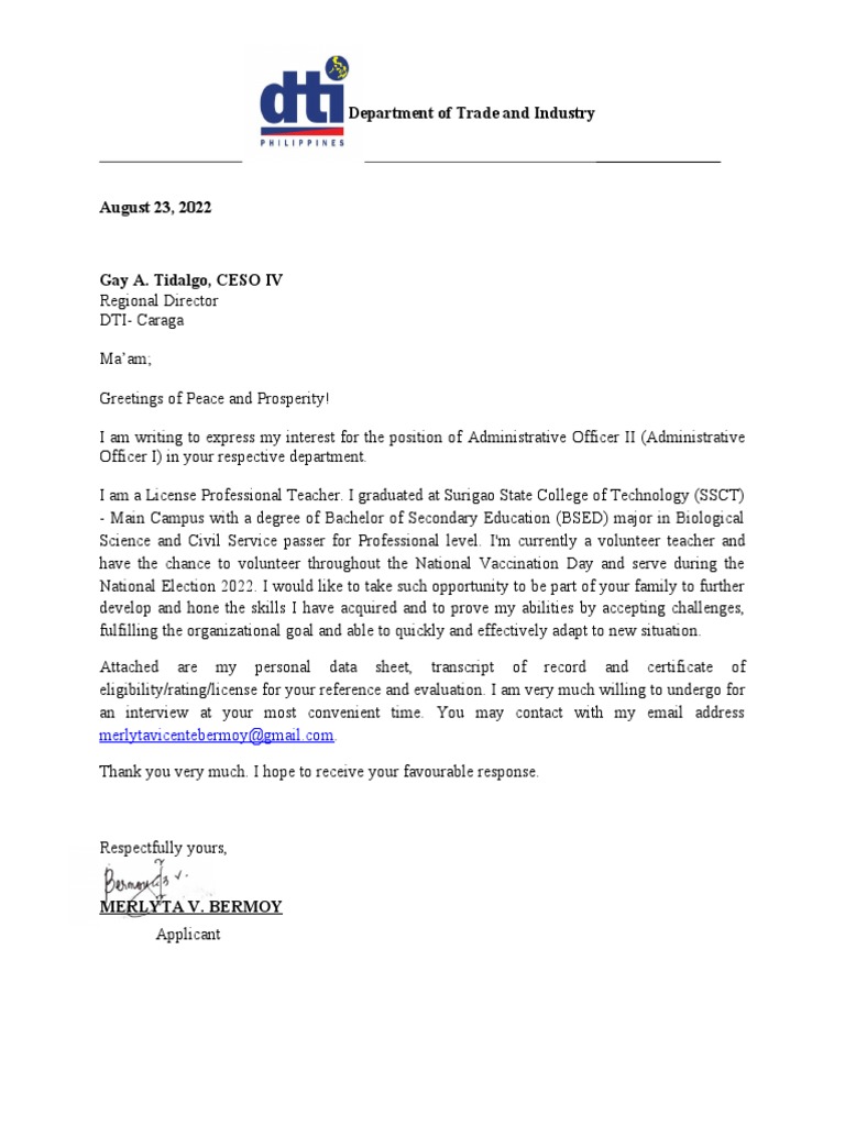 Dti Application Letter PDF