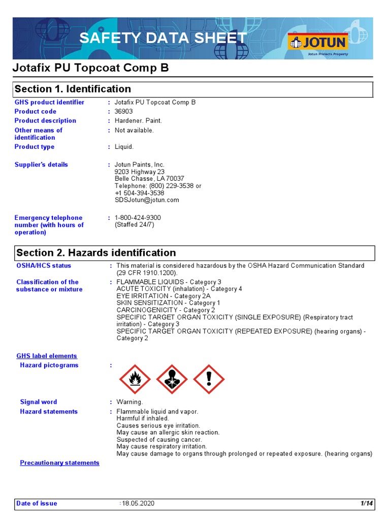 MSDS JOTAFIX PU TOPCOAT COMP B (English) PDF