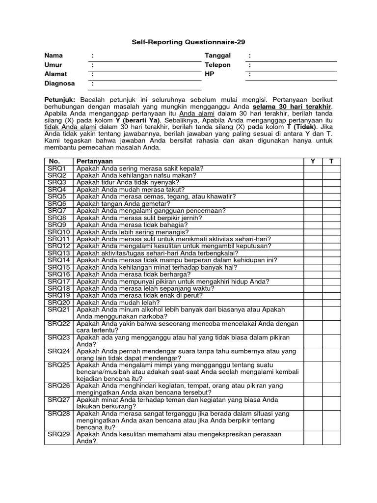 Panduan SRQ-29 untuk Penilaian Kesehatan | PDF | Pengembangan Diri