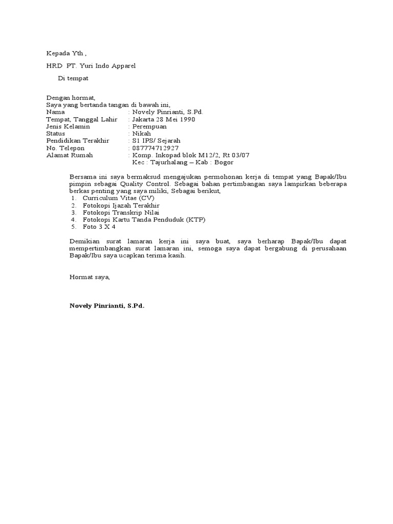 surat lamaran kerja PT. Yuri Indo Apparel | PDF
