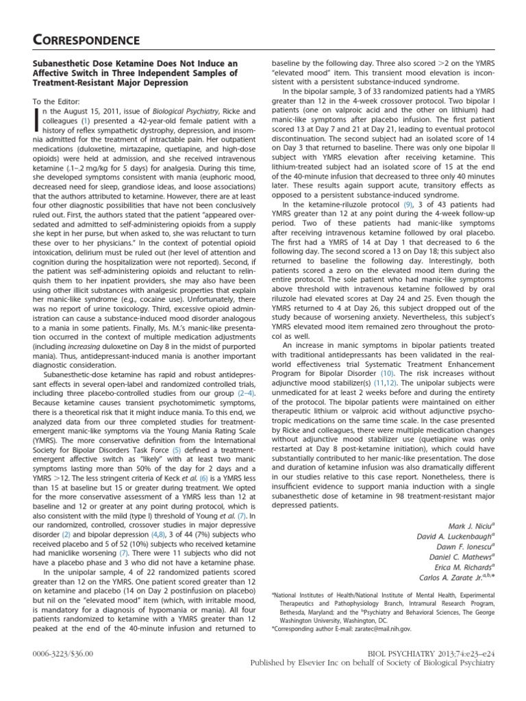 Subanesthetic Dose Ketamine Does Not Induce An Affective Switch in