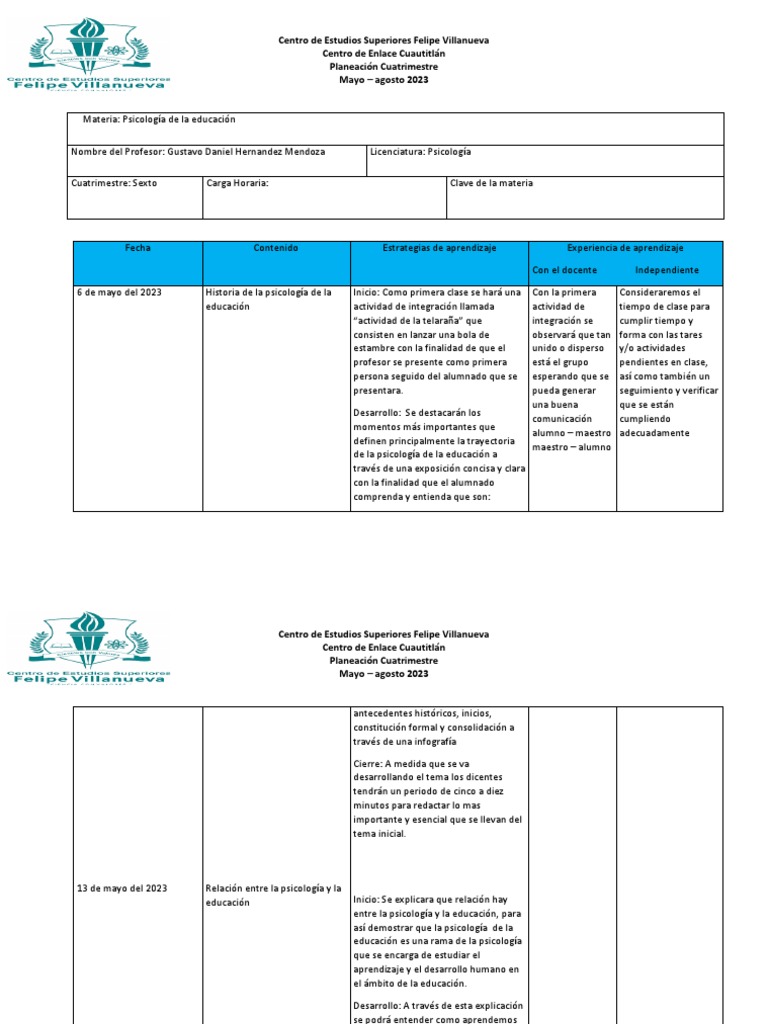 Planeación Psicología Educación 2023 | PDF | Crecimiento personal y ...