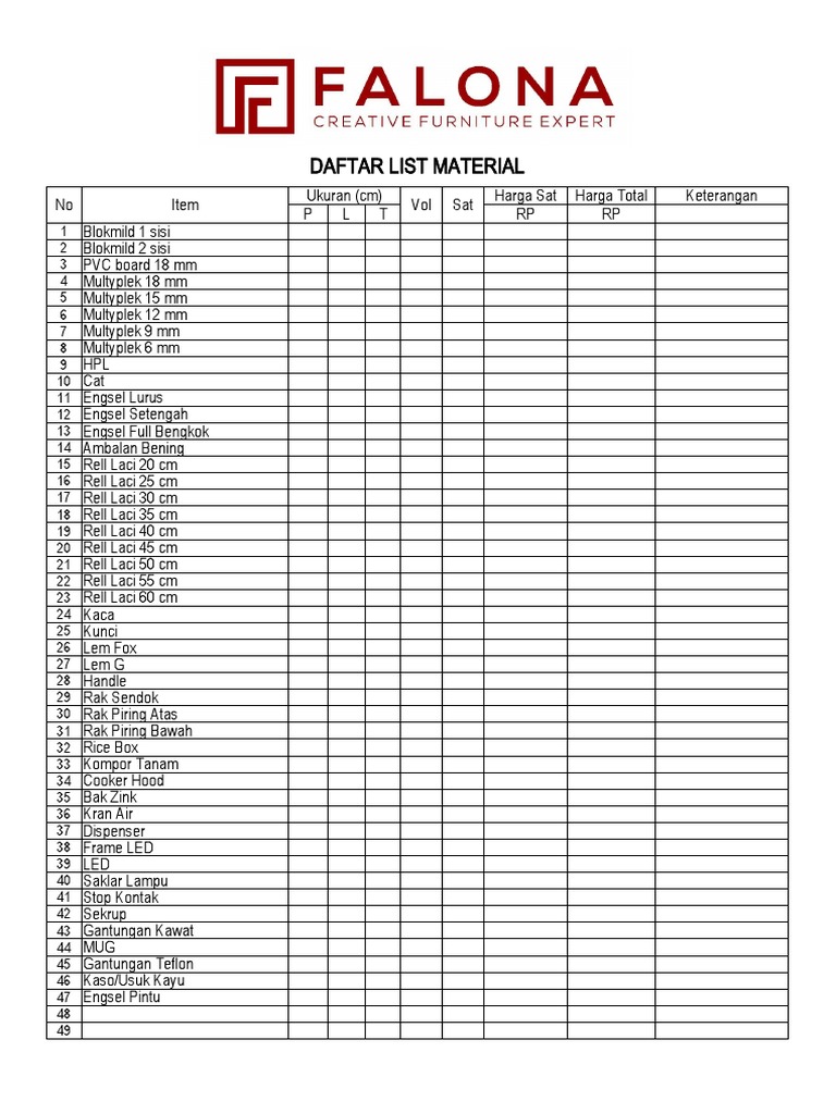 Daftar List Material | PDF