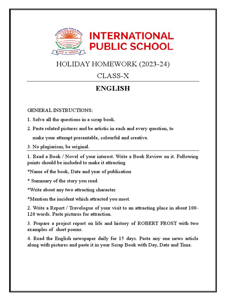 english class 10 holiday homework