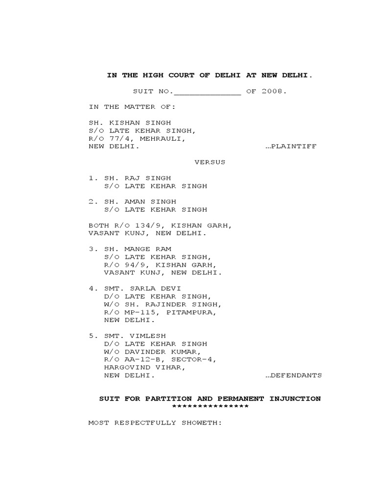 Format Of Civil Suit For Permanent Injunction Cpc