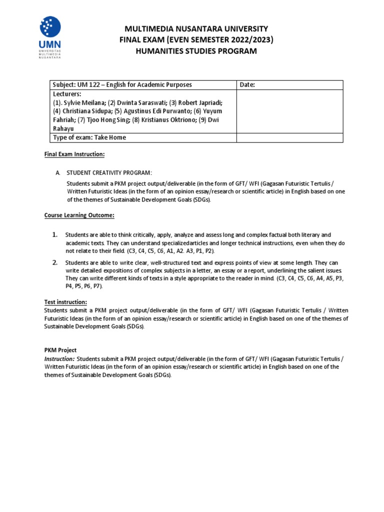 takehomeFINAL EXAM ENGLISH 1 GENAP 20222023 PDF