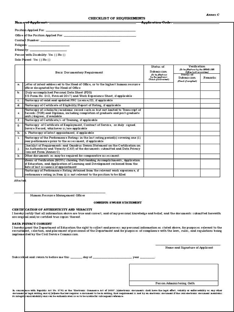 Checklist of Requirements and Omnibus Sworn Statement PDF Authentication Business