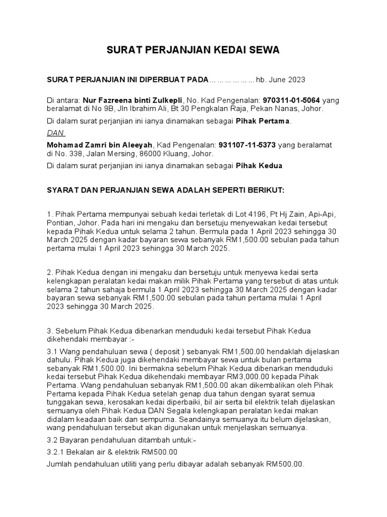 SURAT PERJANJIAN KEDAI SEWA KEDAI MAKAN | PDF