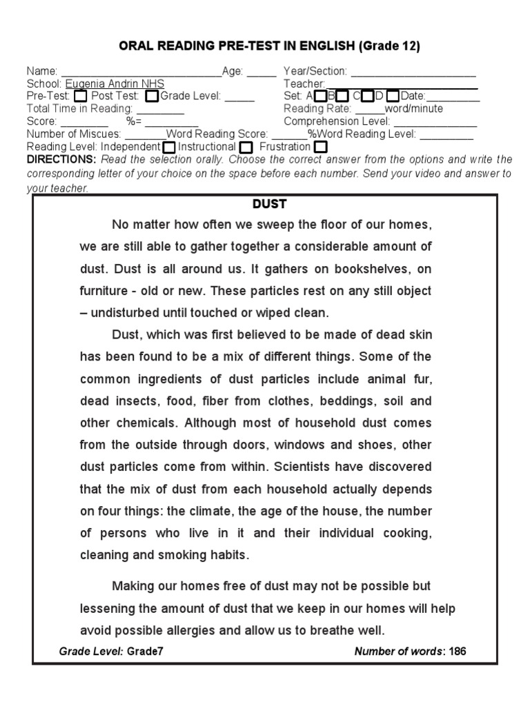 Dust Pre-Test ENG-12 | PDF