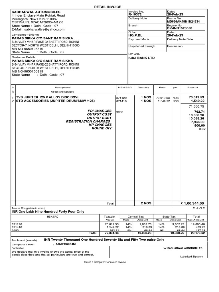 Paras Sikka Co Sant Ram Sikka Invoice | PDF