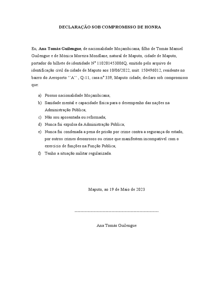 Declaração de Compromisso de Honra | PDF