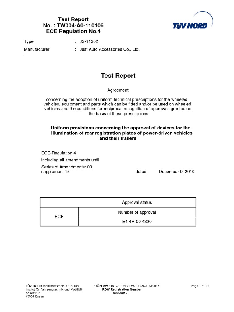 ECE R4 Test Report for JS-11302 Lamp | PDF | Lighting | Physical Sciences