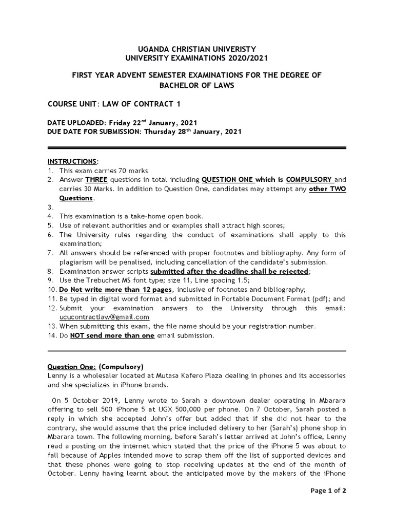 LLB 1 Law of Contract 1 Exam 2021 | PDF