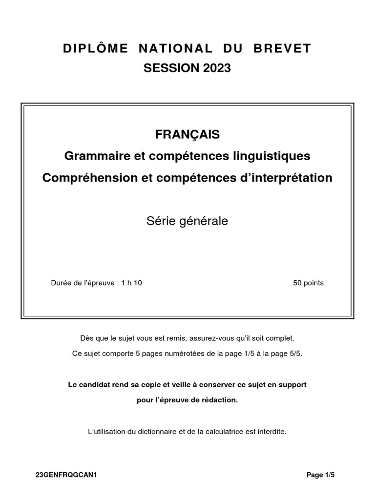 Corrige Sujet Francais Brevet 2023 Brevet 2023 Amérique Grammaire | PDF