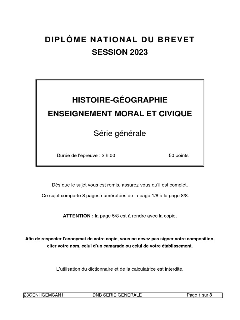 Sujet Brevet Histoire Géographie Emc Brevet HG | PDF | Géographie