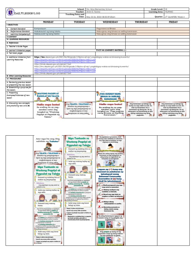 Filipino 3 DLL Week 4 Lesson Plan | PDF | Teachers | Learning