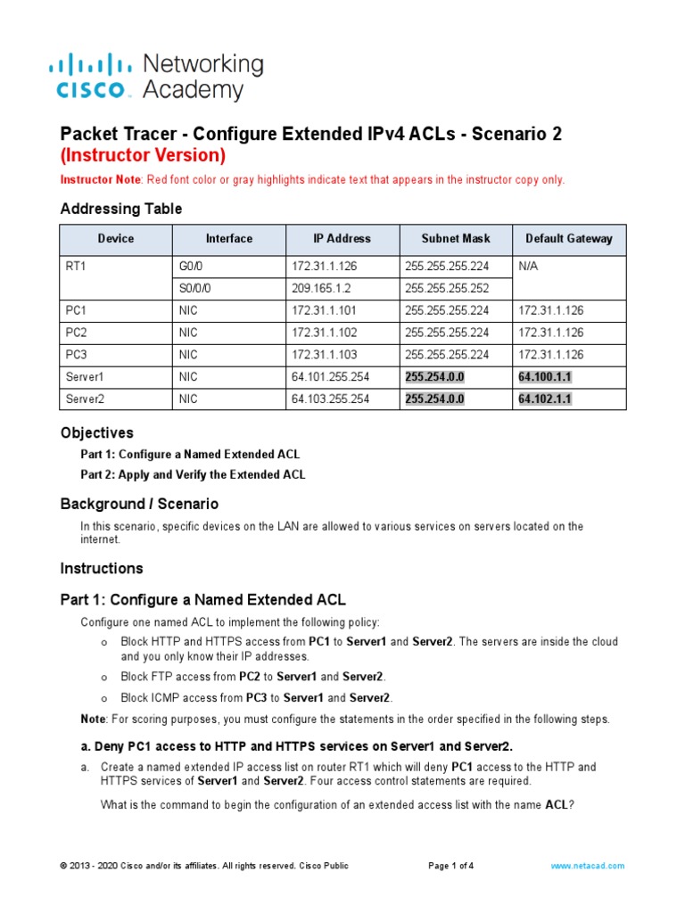 26 2 2 packet tracer configure extended ipv4 acls scenario 2 ilm