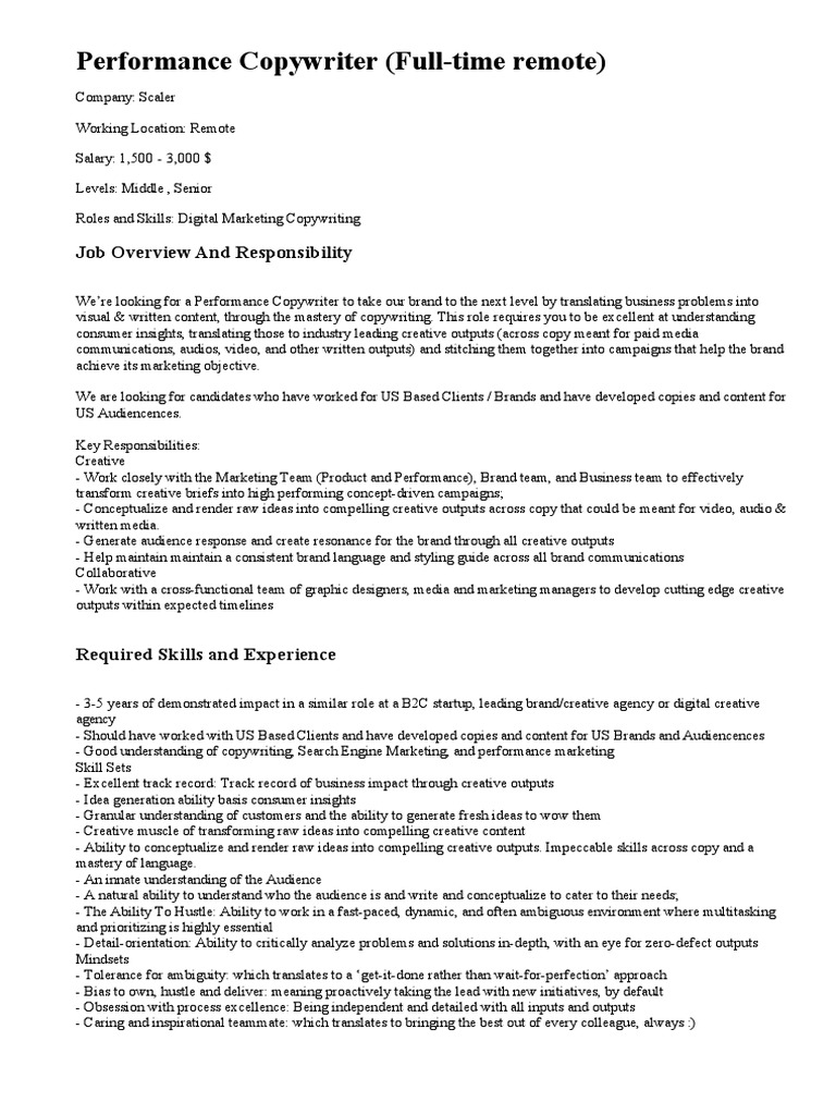 Performance Copywriter (Full-Time Remote) | PDF