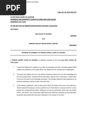 Witness Statement of Prince Harry the Duke of Sussex