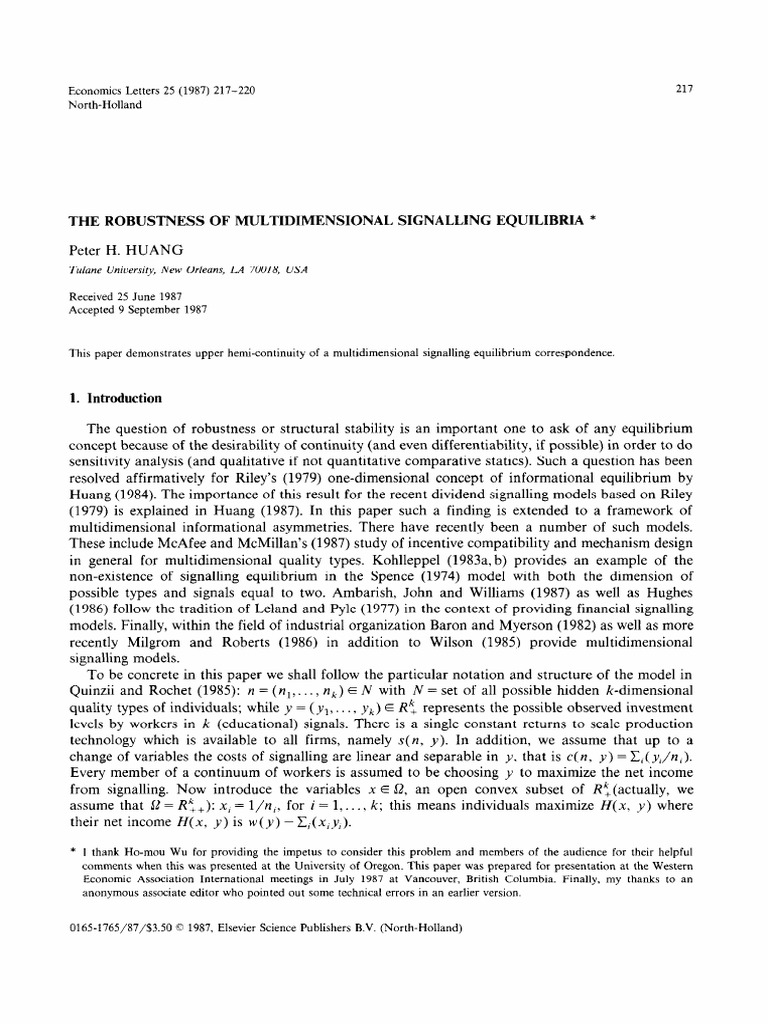 1987 - The Robustness of Multidimensional Signalling Equilibria - Huang ...