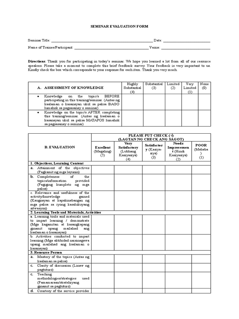 Seminar Evaluation Form Template | PDF | Cognitive Science | Learning