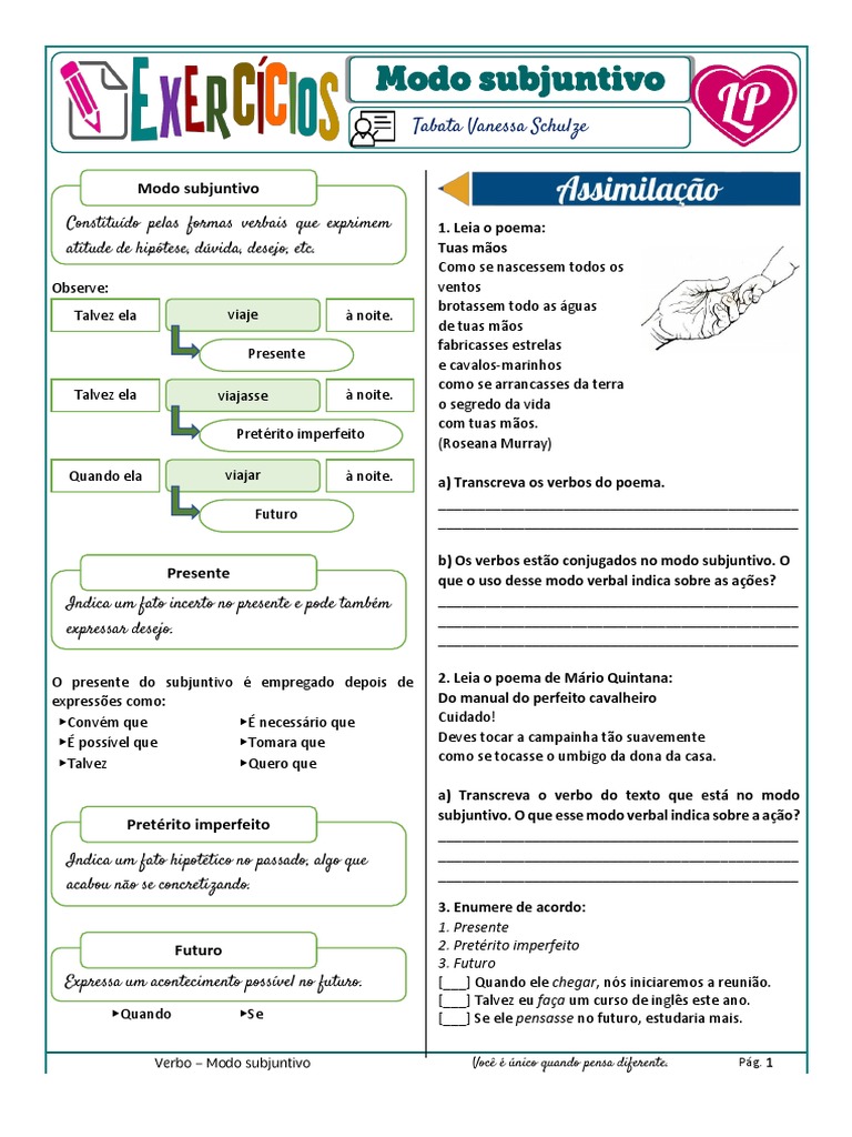 Verbo - Modo Subjuntivo (Esqueminha + Ex. 1) - Aluno | PDF
