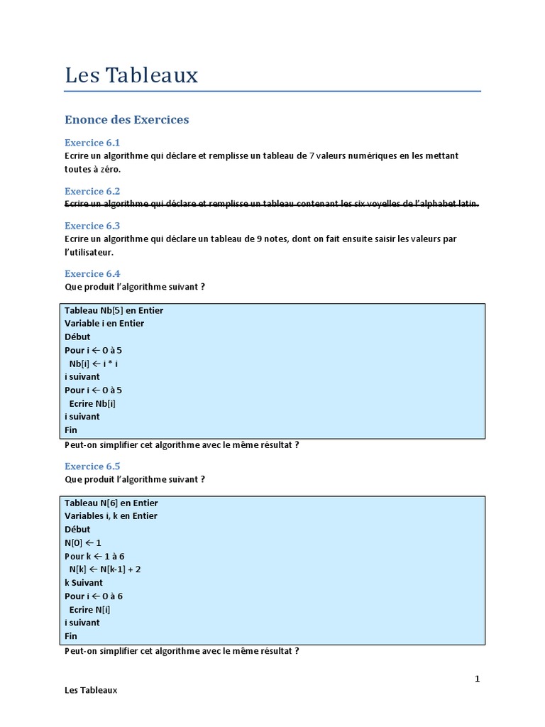Exercices 6. Les Tableaux | PDF