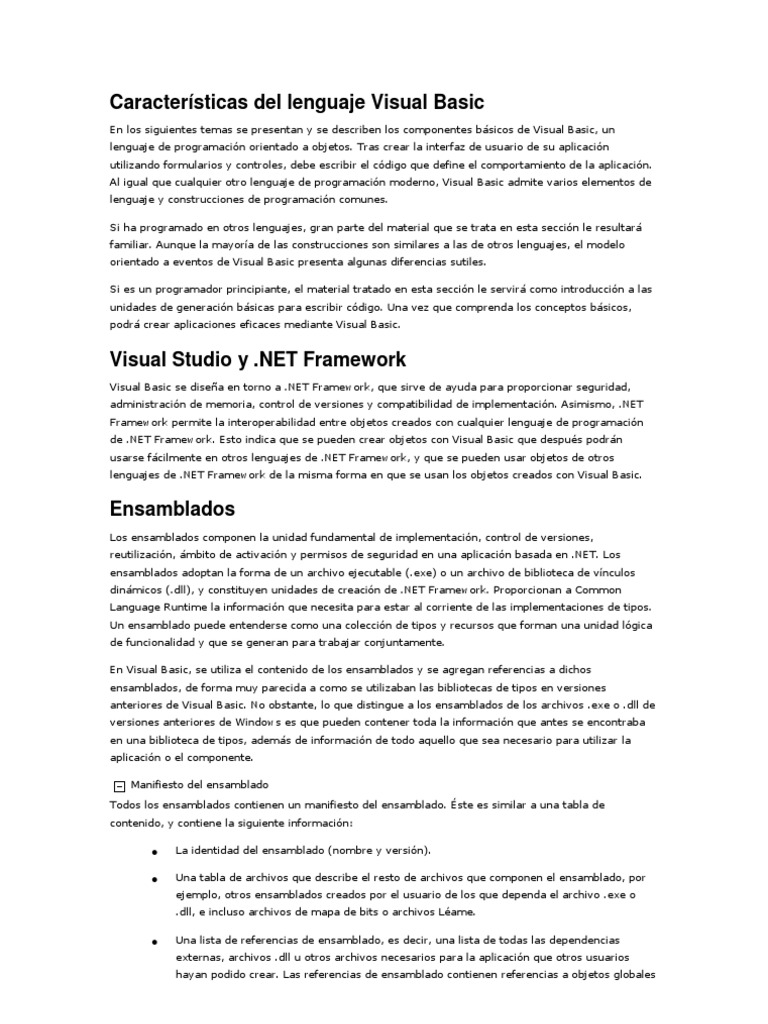 El Interfaz De Visual Basic Se Conoce Como Características Del Lenguaje Visual Basic | PDF | Básico | .NET Framework
